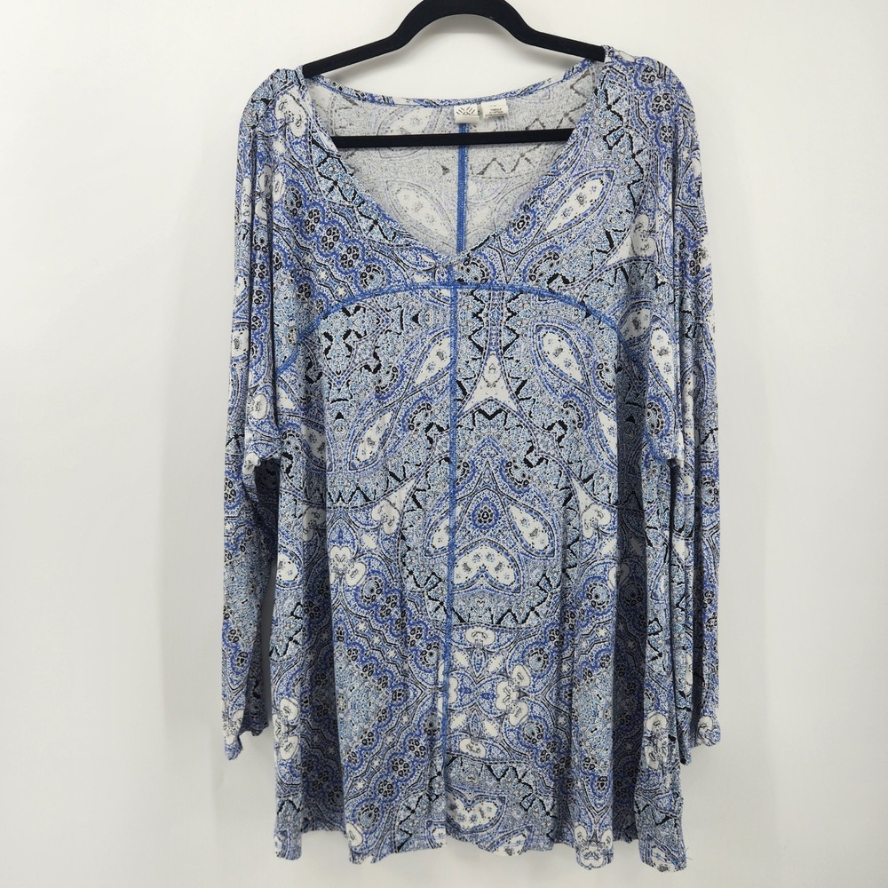 Artisan NY 2X Blue White Paisley Long Sleeve V‎ Neck Tunic Top Plus Size